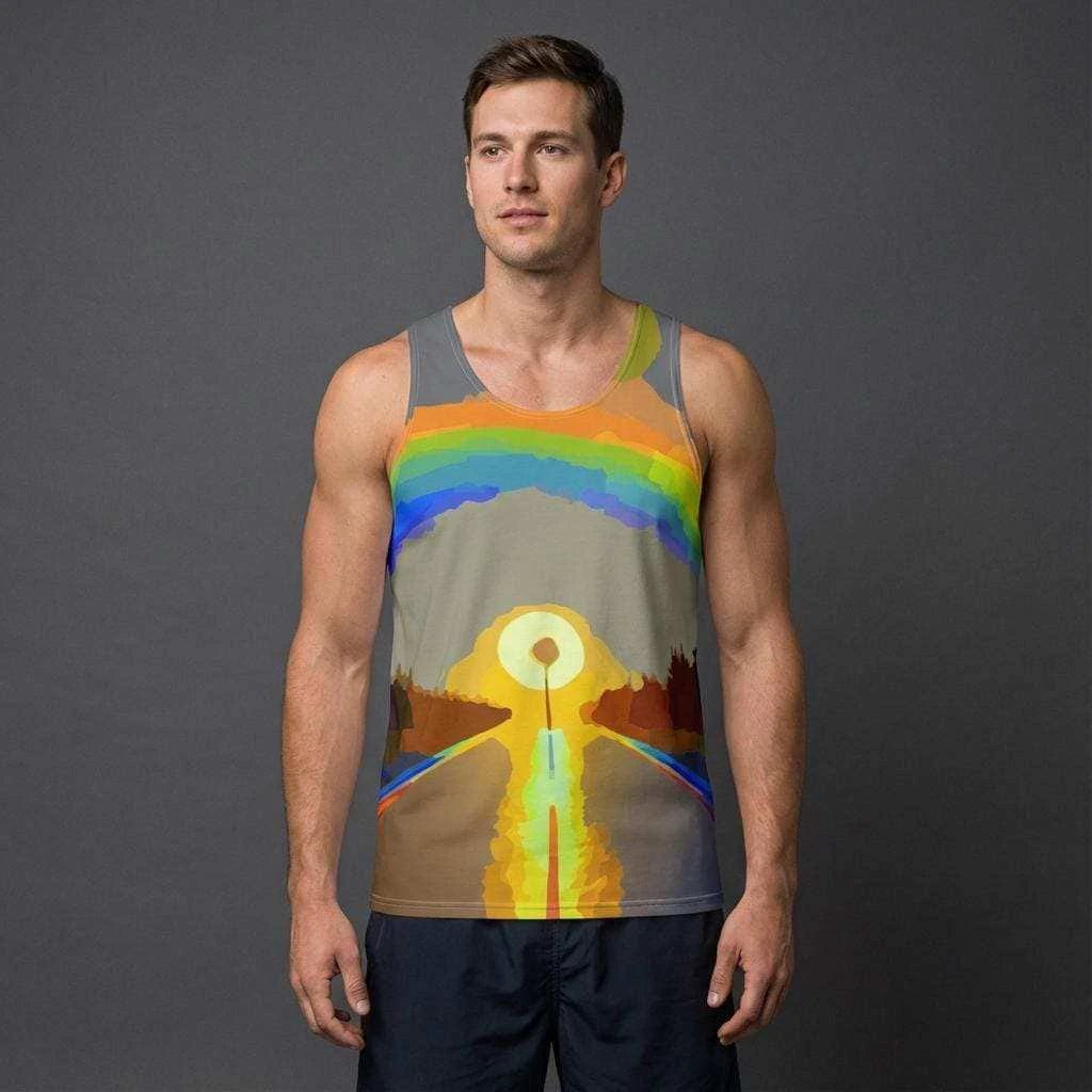 Digital Sunrise Psychedelic Tank Top - Vibrational Gradient Summer Top for Road Trips & Beach Vibes by Aesthetic Rebellion