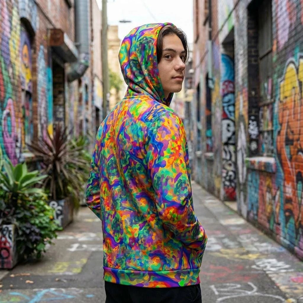 Iridescent Chameleon Color-Shift Hoodie - Bio-Digital All-Over Print Sweatshirt for Rave & Tech-Wear Styles by Aesthetic Rebellion