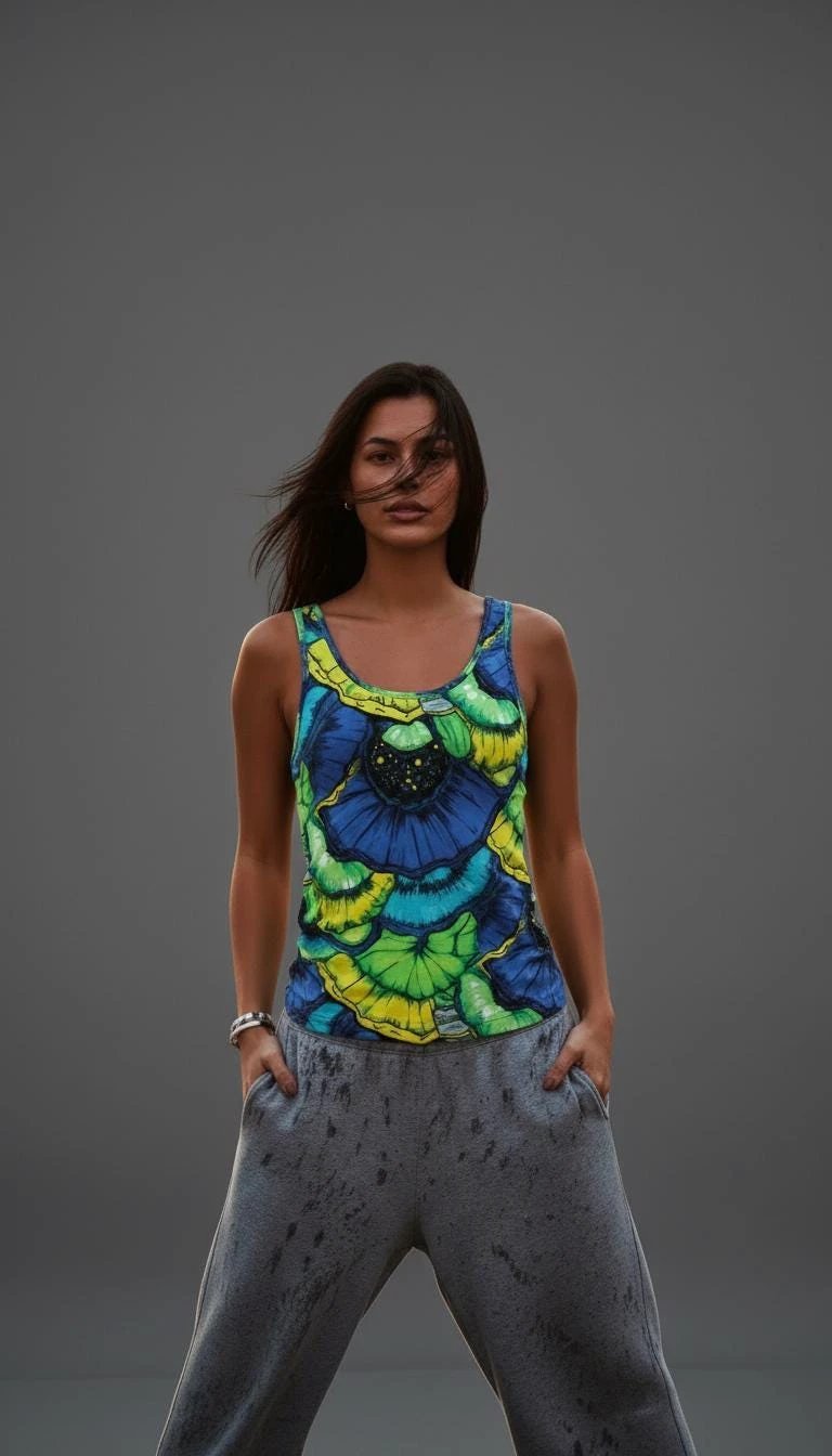 Botanical Abstract Floral Tank Top - Blue & Green Sleeveless AOP Shirt for Nature Lovers by Aesthetic Rebellion