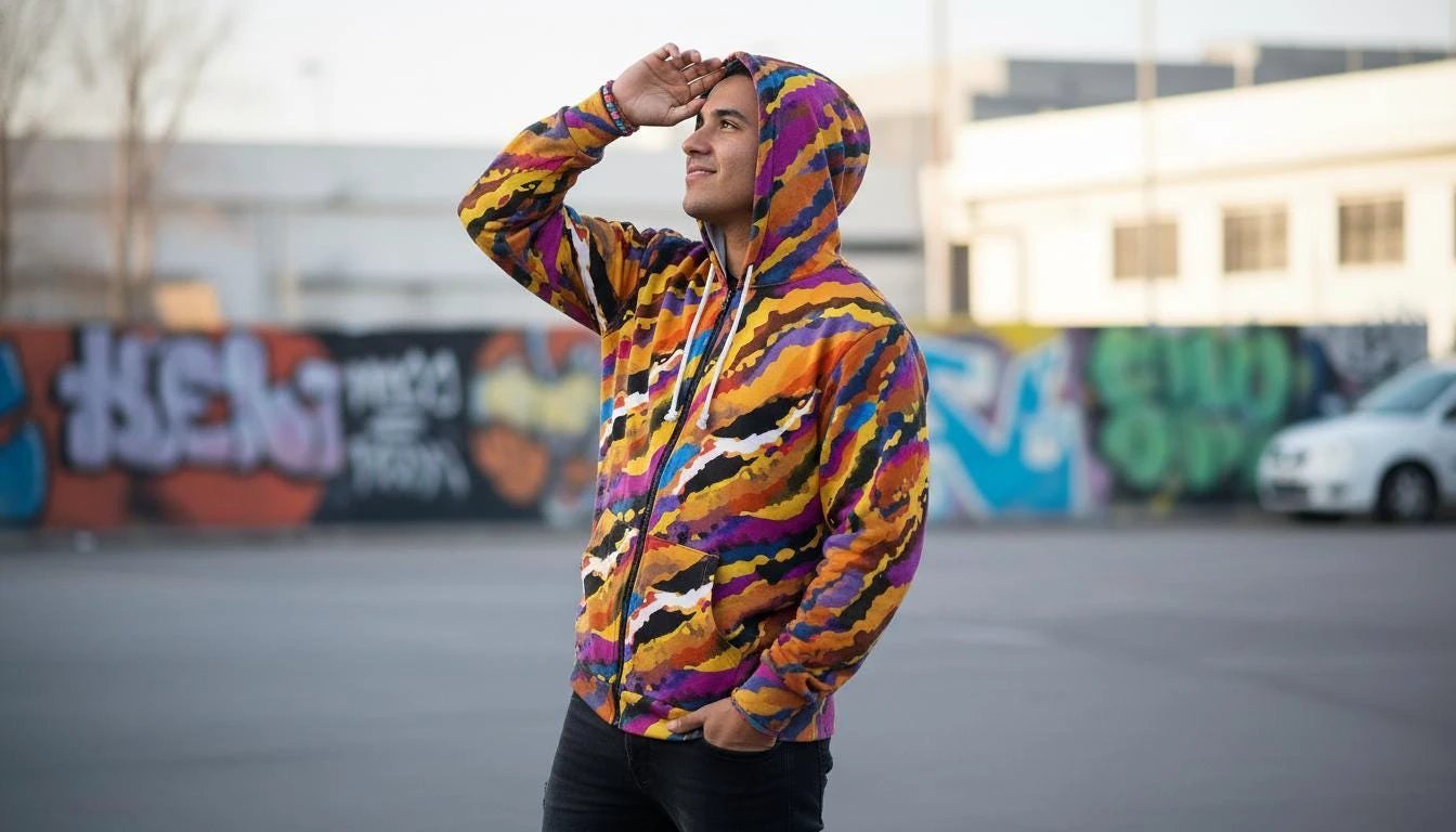 Crisp Burn Abstract Fire Zip Hoodie - Vibrant All-Over Print Streetwear for Bold Unisex Style by Aesthetic Rebellion