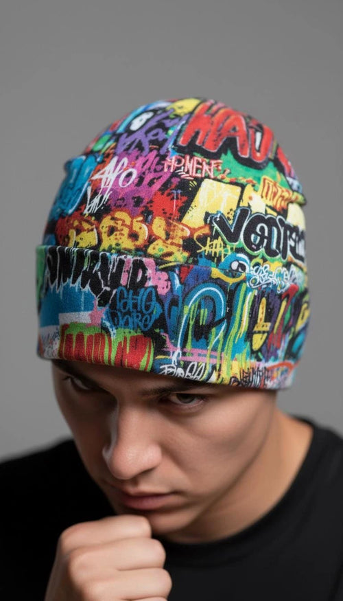 Liquid Glitch Beanie – Maximalist Graffiti Streetwear Hat by PEAPRINT