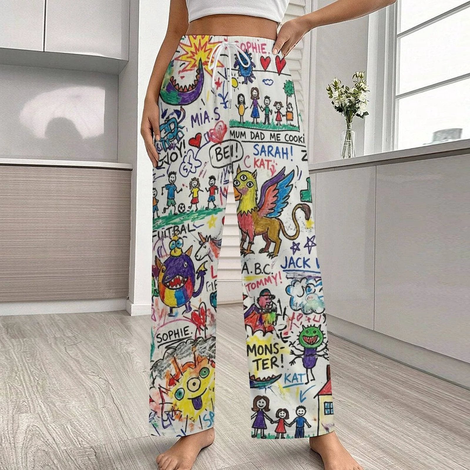 170gsm Faux Cotton Drawstring Women Wide Leg Pajamas Pants(All-Over Printing) by SALE_DESIGN-Personal Design
