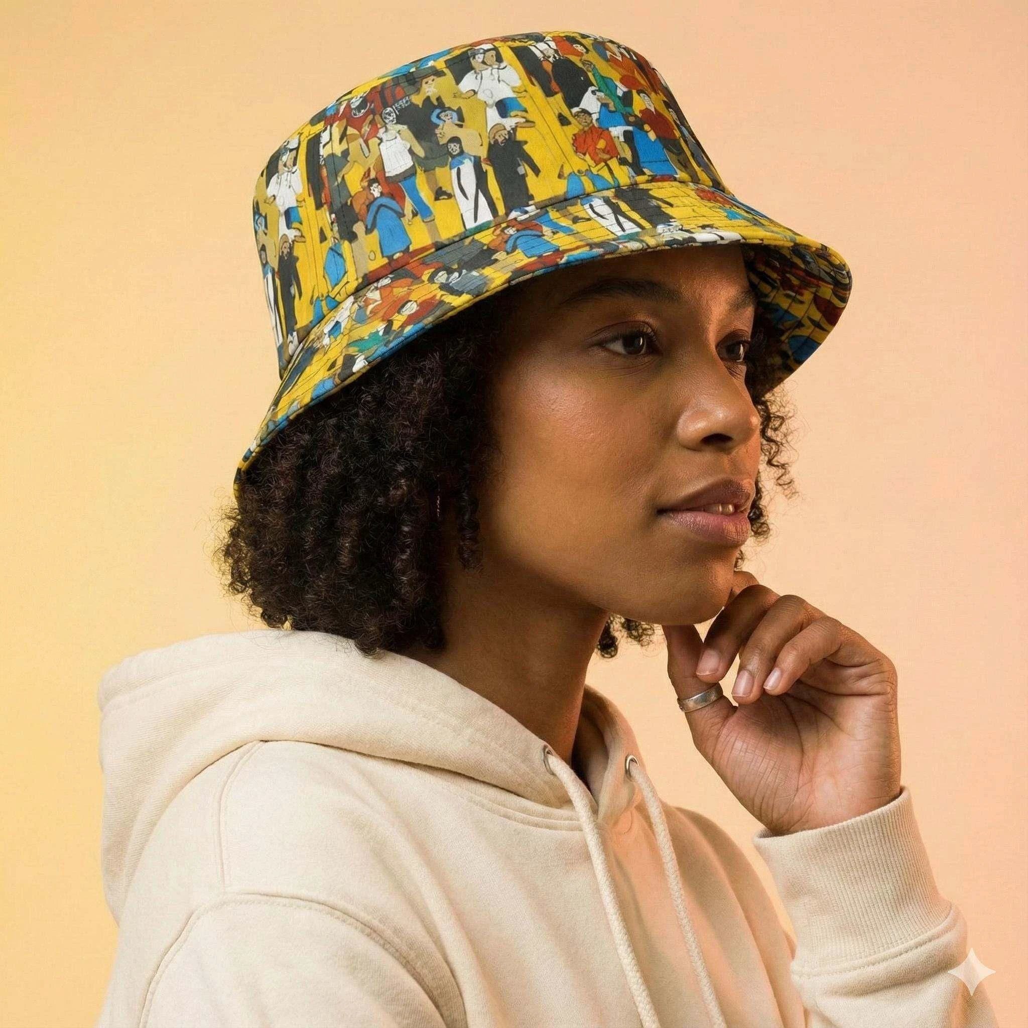 Crowd Theory Designer Bucket Hat - Vibrant Illustrated Festival Accessory for Urban Maximalists by Aesthetic Rebellion