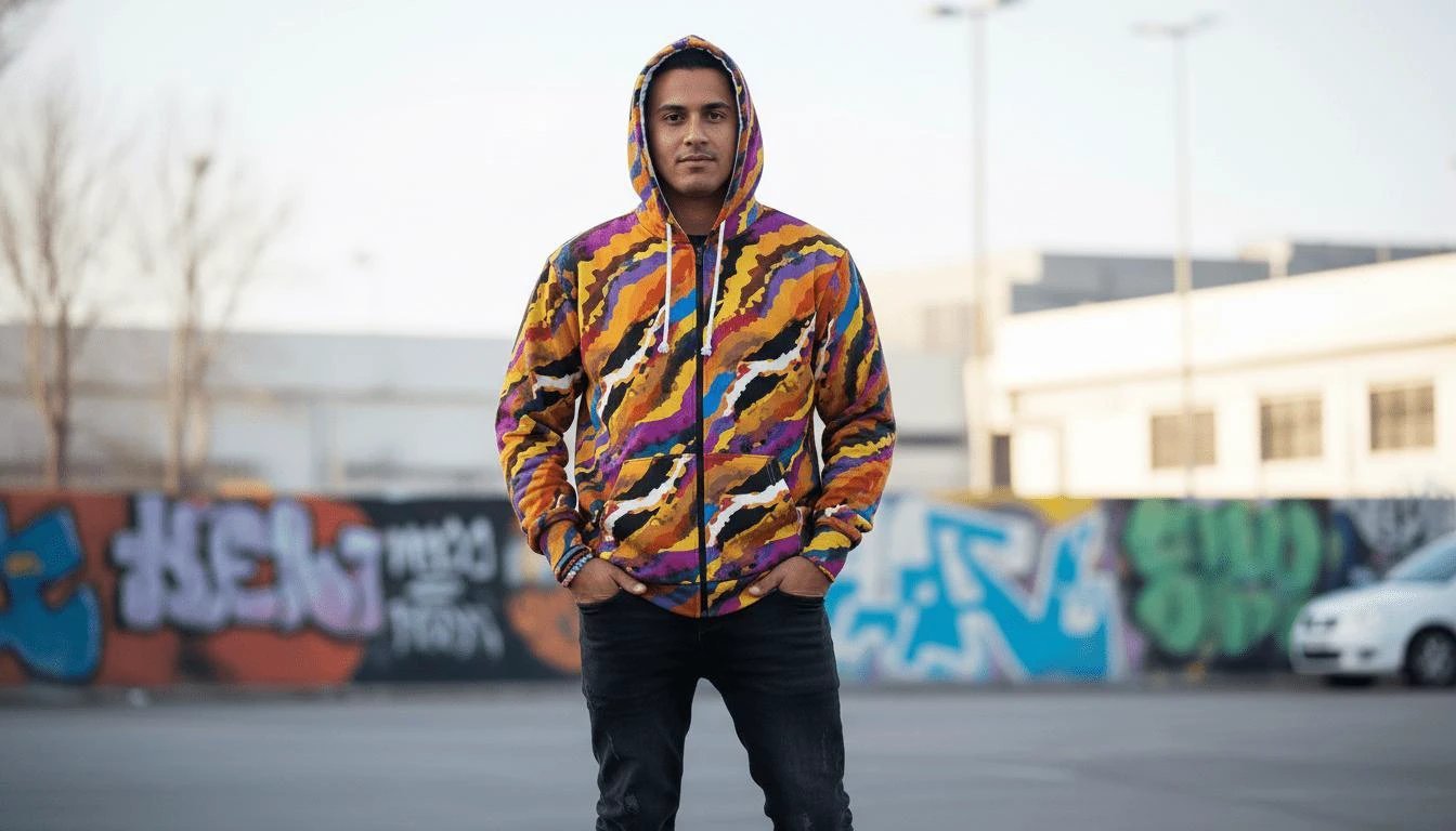 Crisp Burn Abstract Fire Zip Hoodie - Vibrant All-Over Print Streetwear for Bold Unisex Style by Aesthetic Rebellion