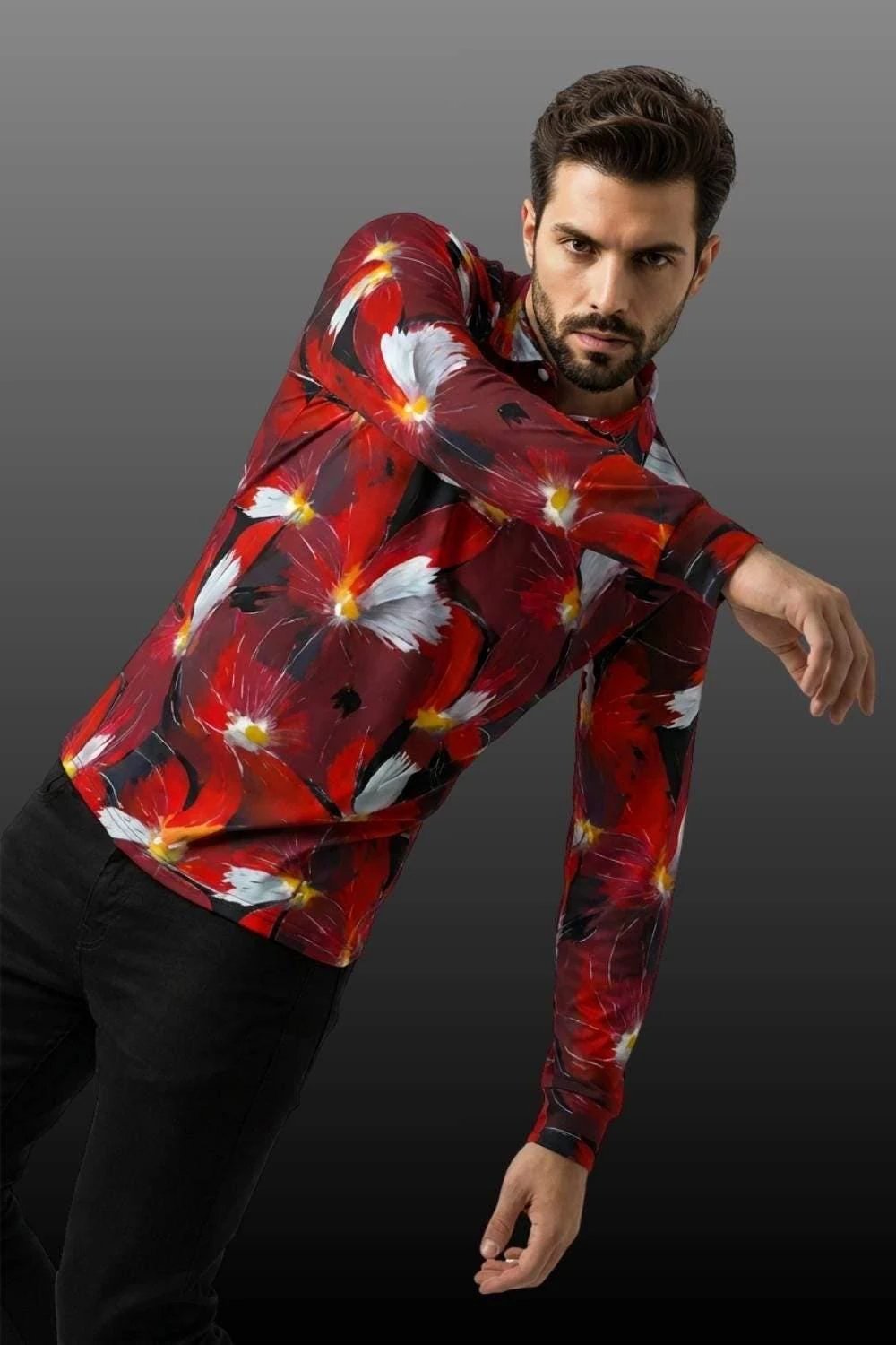 Artsy Floral Men’s Long Sleeve Polo - Polished Maximalist Workwear for Hospitality & Wine Ambassadors by Aesthetic Rebellion