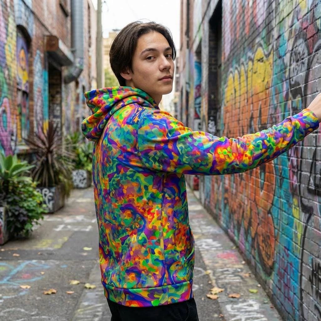 Iridescent Chameleon Color-Shift Hoodie - Bio-Digital All-Over Print Sweatshirt for Rave & Tech-Wear Styles by Aesthetic Rebellion