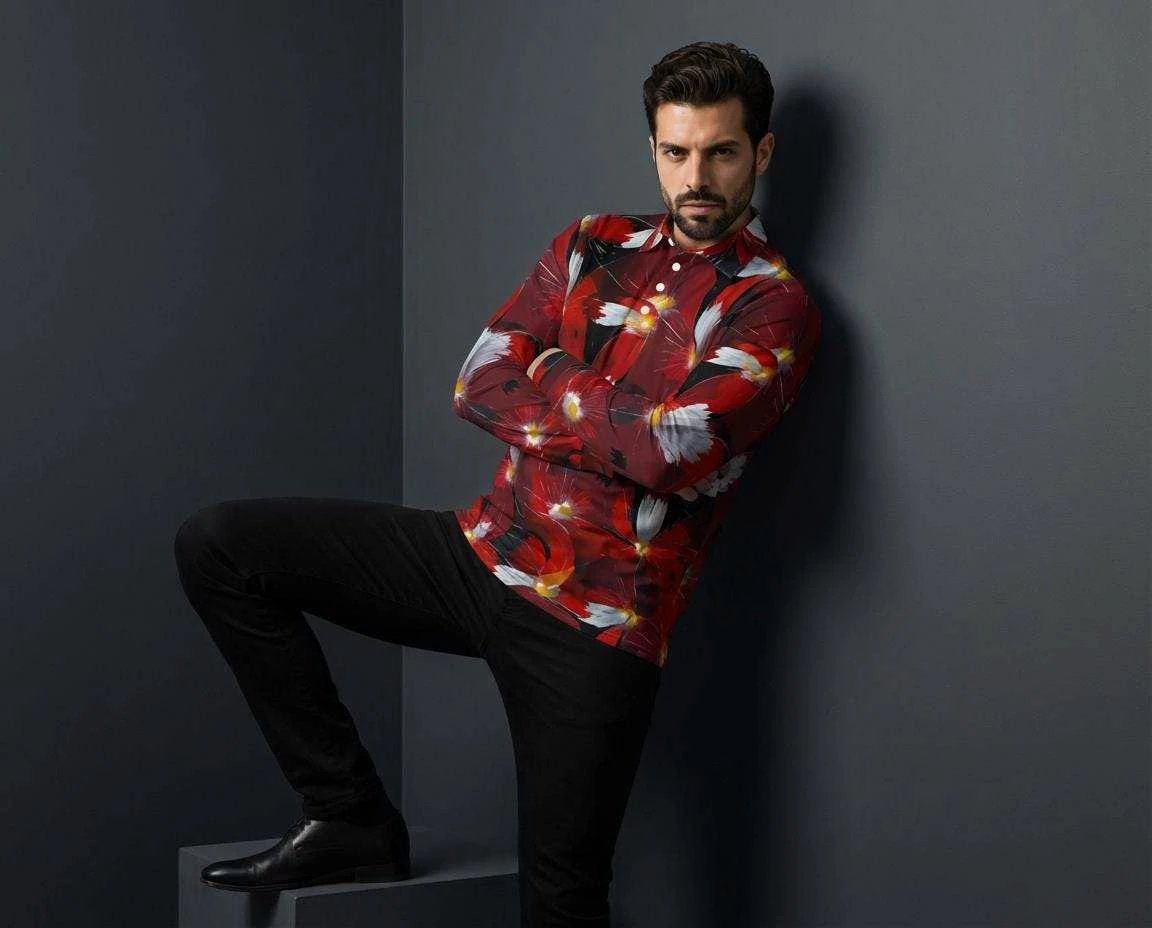Artsy Floral Men’s Long Sleeve Polo - Polished Maximalist Workwear for Hospitality & Wine Ambassadors by Aesthetic Rebellion
