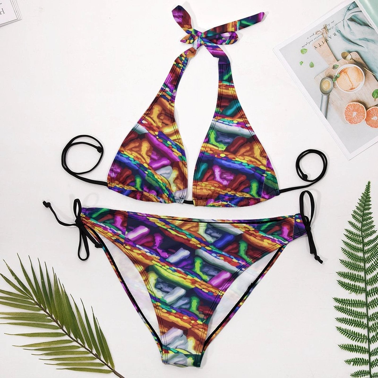 Plus Size Womens Halter Bikini Set All Over Print Mind Melting Color Explosion