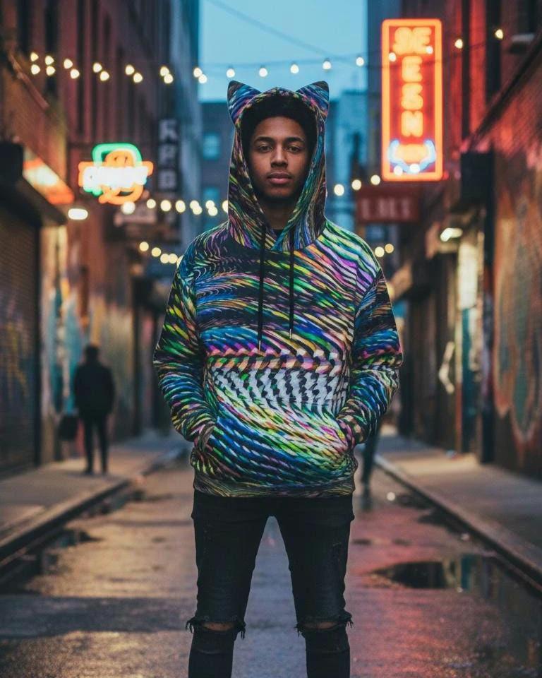 Distorted Zebra Print Cat Ear Hoodie – Alt-Fashion Sweatshirt by Aesthetic Rebellion