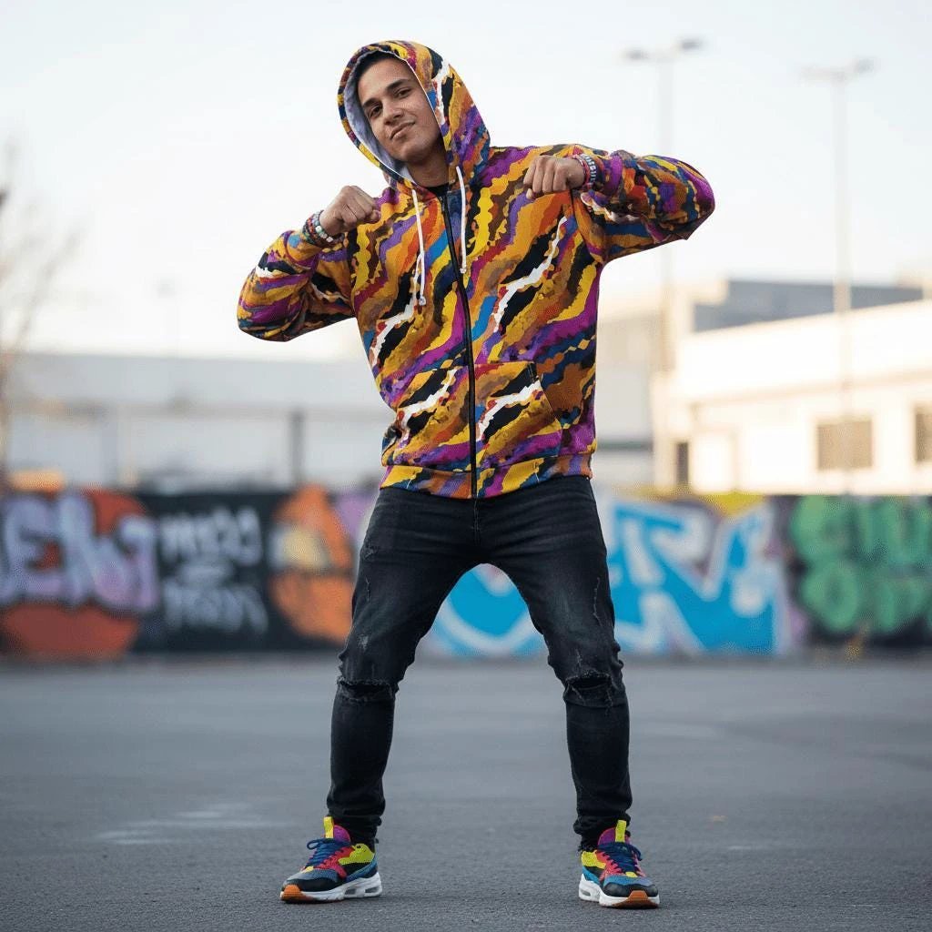 Crisp Burn Abstract Fire Zip Hoodie - Vibrant All-Over Print Streetwear for Bold Unisex Style by Aesthetic Rebellion